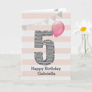 Pink and Silver Glitter 5th Birthday Girl Card