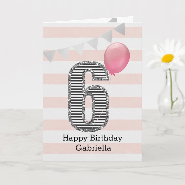Pink and Silver Glitter 6th Birthday Girl Card (Small Plant)
