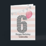 Pink and Silver Glitter 6th Birthday Girl Card<br><div class="desc">A pink and silver 6th birthday card for girls, which you can personalise with her name. The front of this beautiful 6th birthday card for her features the number six in a black and white stripe with an outline of glitter with a pink balloon ready to float way. Please note...</div>