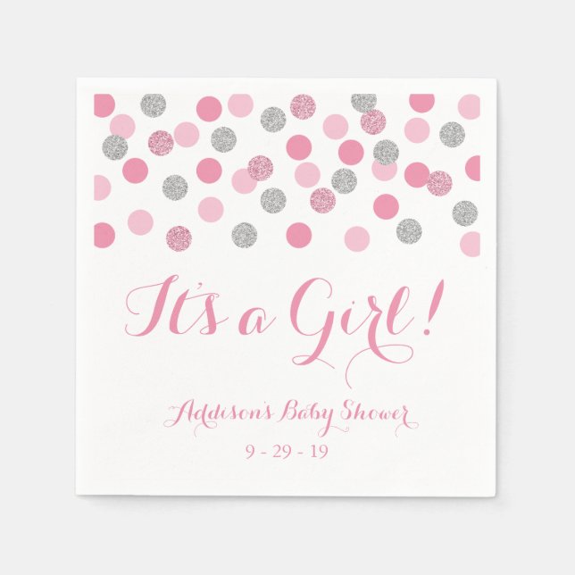 Pink and Silver Glitter Baby Shower Napkins (Front)