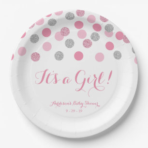 Pink and Silver Glitter Baby Shower Paper Plates