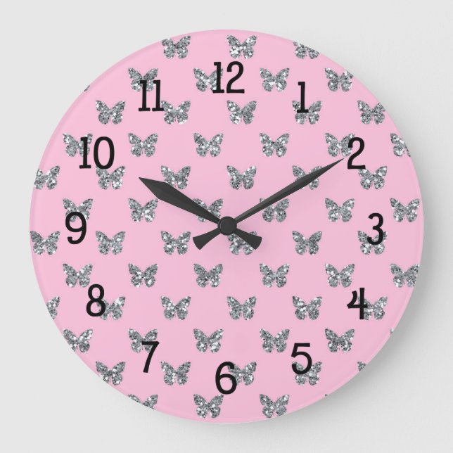 Pink and Silver Glitter Butterfly Butterflies Large Clock (Front)