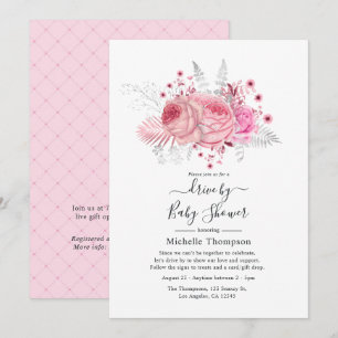 Pink and Silver Glitter Floral Drive By Shower Invitation