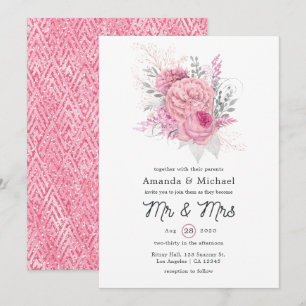 Pink and Silver Glitter Geometric Floral Wedding Invitation