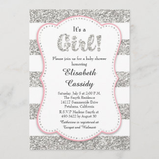 Pink and Silver Glitter Girl Baby Shower Invitatio Invitation