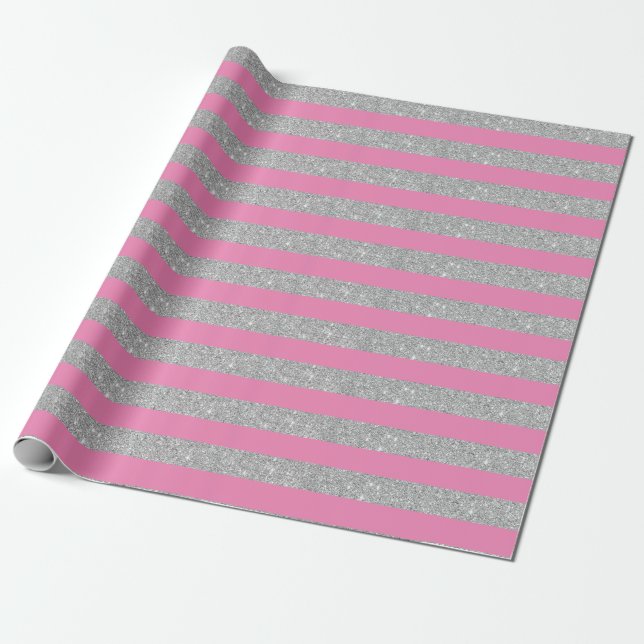 Pink and Silver Glitter Stripes Wrapping Paper (Unrolled)