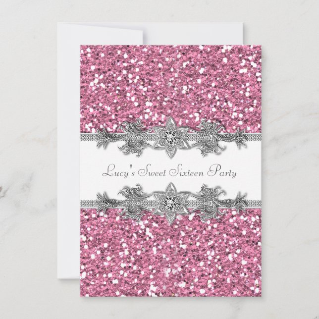 Pink and Silver Glitter Sweet 16 Party Invitation (Front)