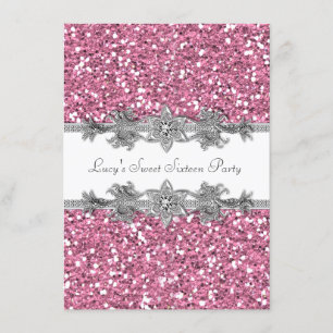 Pink and Silver Glitter Sweet 16 Party Invitation