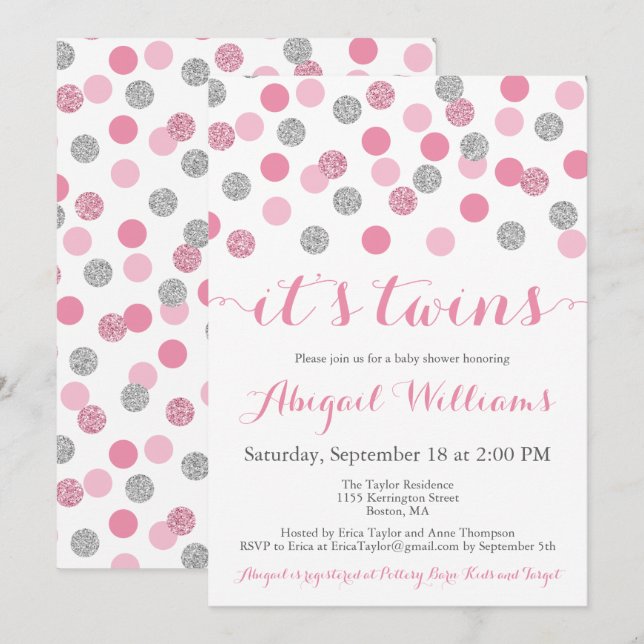 Pink and Silver Glitter Twins Baby Shower Invites (Front/Back)