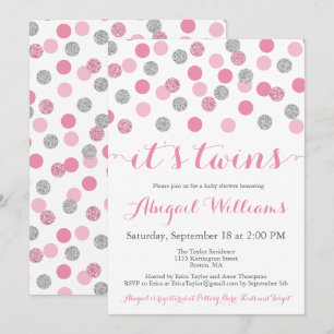 Pink and Silver Glitter Twins Baby Shower Invites