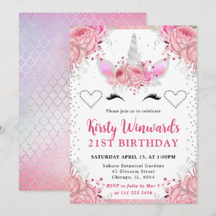 Pink and Silver Glitter Unicorn Face 21st Birthday Invitation