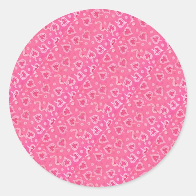 Pink and silver hearts classic round sticker (Front)