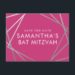 Pink and Silver Modern Bat Mitzvah Save the Date Announcement Postcard<br><div class="desc">Modern, trendy, and elegant silver and pink Bat Mitzvah save the date postcards with a unique geometric squares border. Easily personalise this affordable save the date for your Bat Mitzvah with custom name, date, and details of your fun and sophisticated celebration. All of the text is editable, so this design...</div>