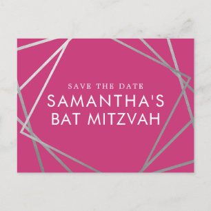 Pink and Silver Modern Bat Mitzvah Save the Date Announcement Postcard