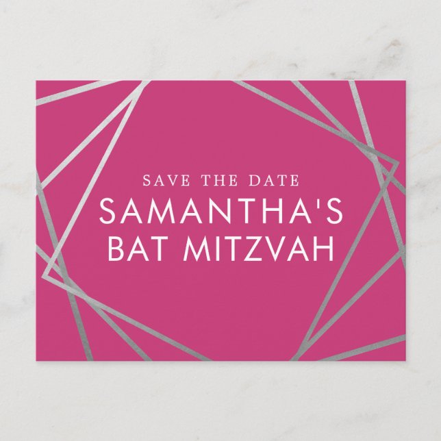 Pink and Silver Modern Bat Mitzvah Save the Date Announcement Postcard (Front)