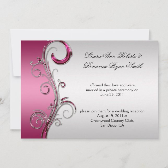 Pink and Silver Ornate Swirls Post Wedding Invitation (Front)