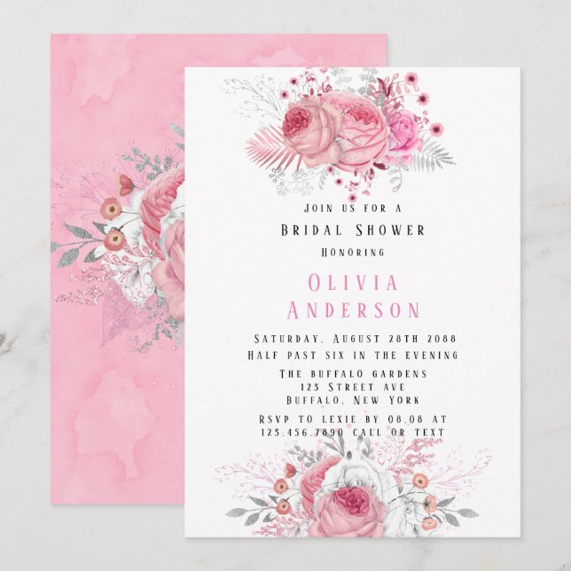 Pink and Silver Peony Florals Bridal Shower Invitation (Front/Back)
