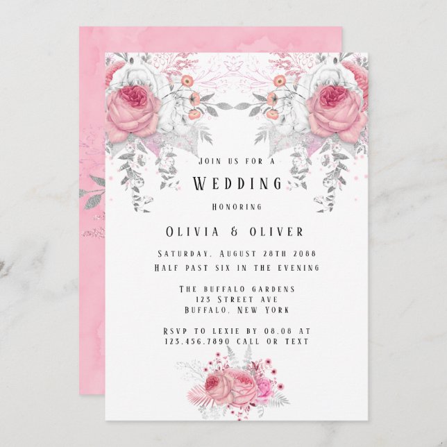 Pink and Silver Peony Florals Wedding Invitation (Front/Back)