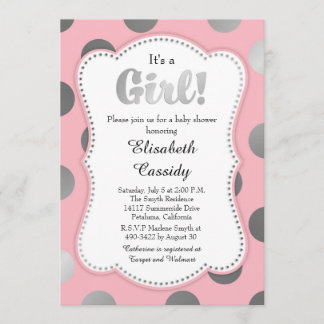 Pink and Silver Polka Dots Baby Shower Invitation