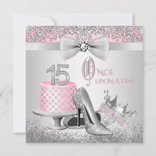 Pink and Silver Princess Quinceanera Invitation (Front)