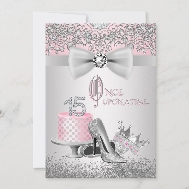 Pink and Silver Quinceanera Birthday Party Invitation (Front)
