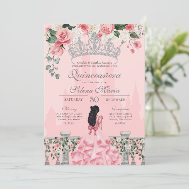 Pink and Silver Rose Princess Castle Quinceañera Invitation (Standing Front)