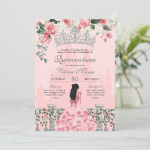 Pink and Silver Rose Princess Castle Quinceañera Invitation