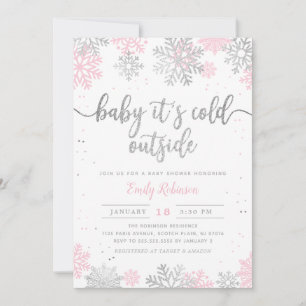 Pink And Silver Snowflakes Winter Girl Baby Shower Invitation