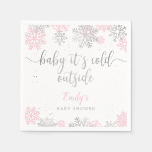 Pink And Silver Snowflakes Winter Girl Baby Shower Napkin