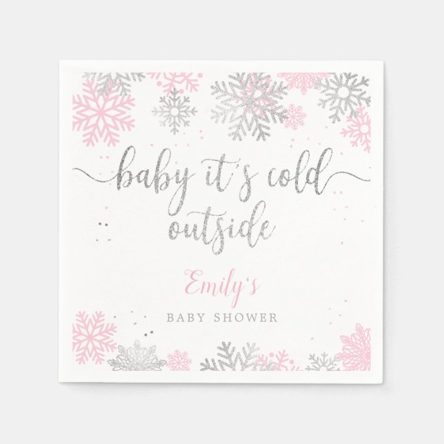 Pink And Silver Snowflakes Winter Girl Baby Shower Napkin (Front)