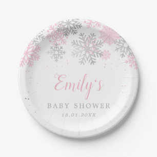 Pink And Silver Snowflakes Winter Girl Baby Shower Paper Plate