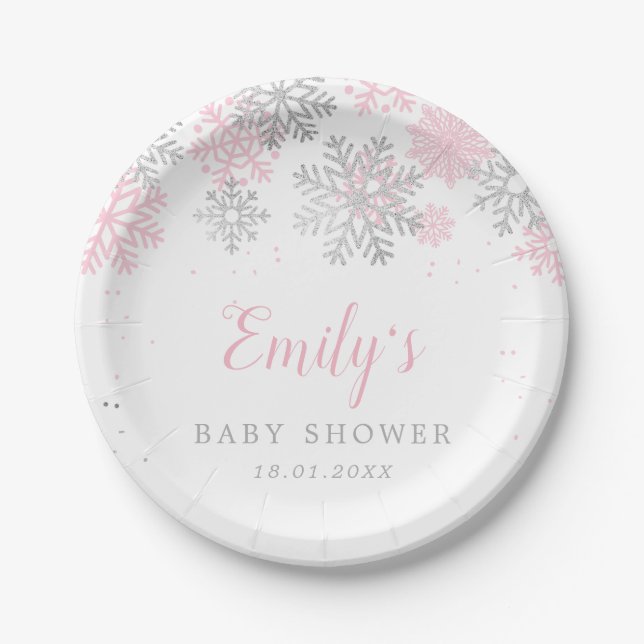 Pink And Silver Snowflakes Winter Girl Baby Shower Paper Plate (Front)