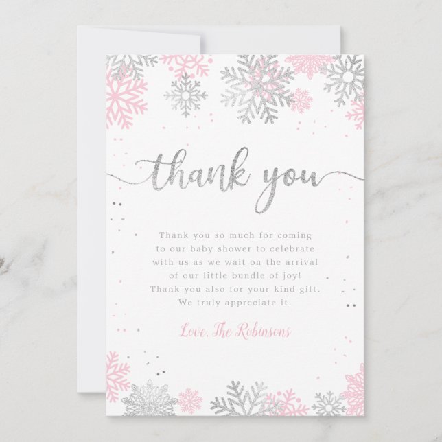 Pink And Silver Snowflakes Winter Girl Baby Shower Thank You Card (Front)