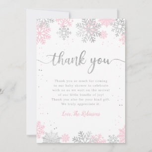 Pink And Silver Snowflakes Winter Girl Baby Shower Thank You Card