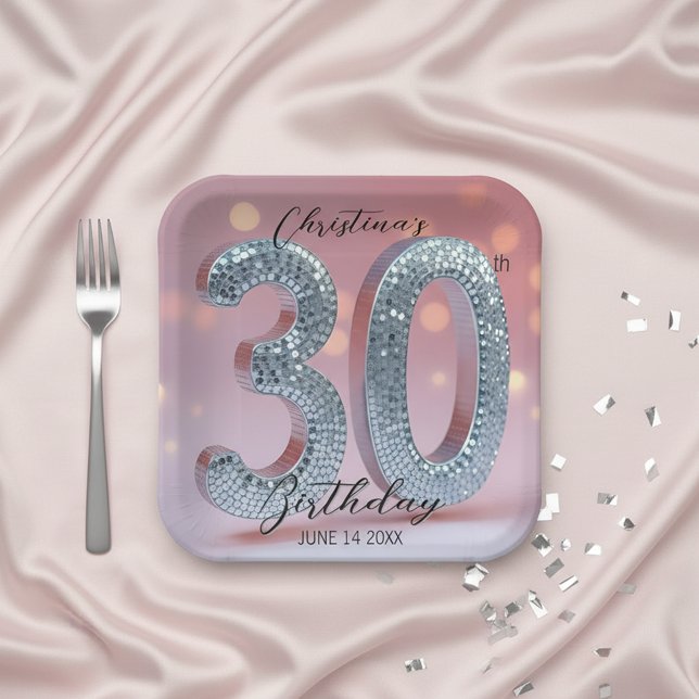 Pink and Silver Sparkling Disco Ball 30th Birthday Paper Plate (Creator Uploaded)