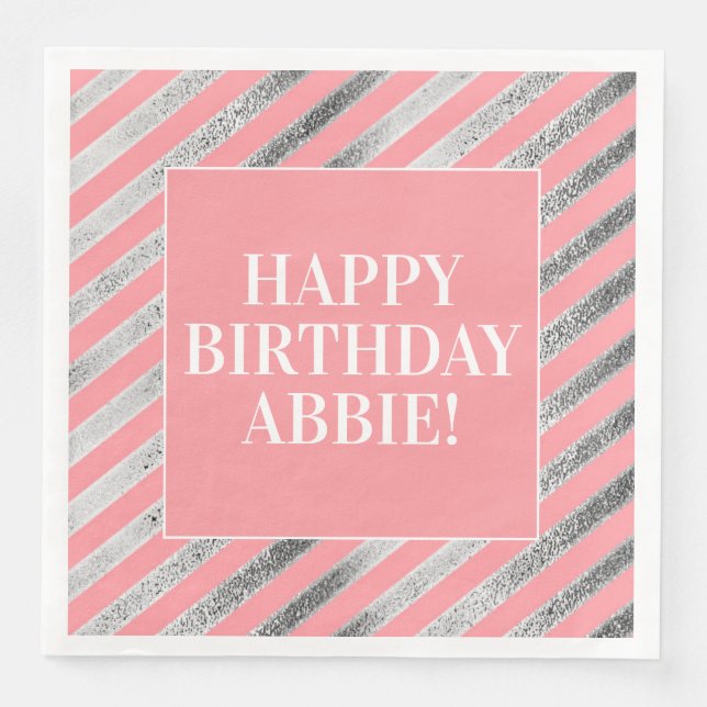 Pink and Silver Striped Birthday Party Napkins (Front)