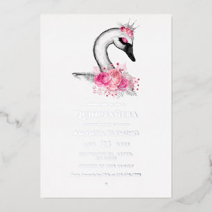 Pink and Silver Swan Quinceañera Foil Invitation