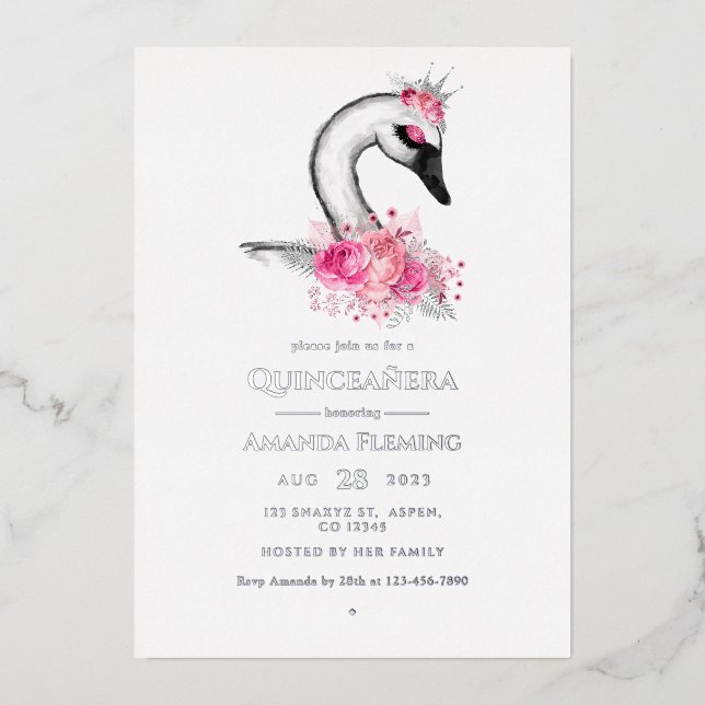 Pink and Silver Swan Quinceañera Foil Invitation (Front)
