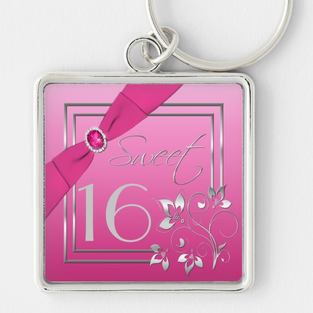Pink and Silver Sweet Sixteen Keychain (Front)
