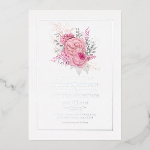 Pink and Silver Tropical Floral Wedding Foil Invit