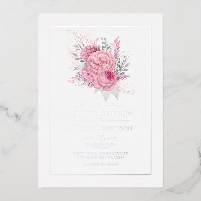 Pink and Silver Tropical Floral Wedding Foil Invit (Front)