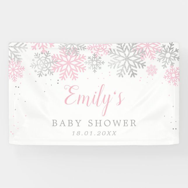Pink And Silver Winter Snowflakes Girl Baby Shower Banner (Horizontal)