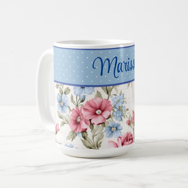 Pink and Sky Blue Floral and Polka Dots Mug (Front Left)