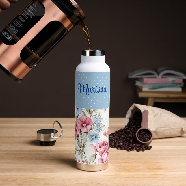 Pink and Sky Blue Floral and Polka Dots Water Bottle (Coffee)