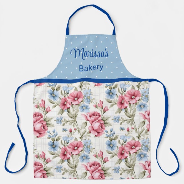 Pink and Sky Blue Floral - Polka Dots Monogrammed Apron (Front)