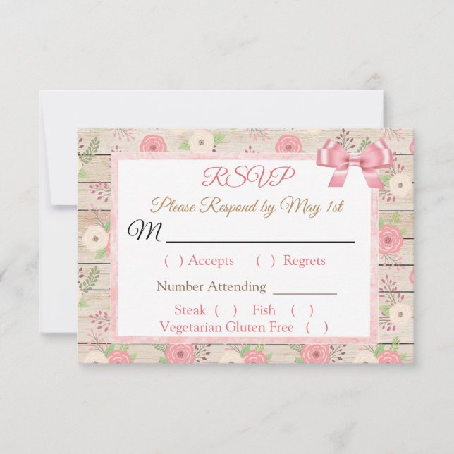 PInk and tan Rustic Wood Floral Wedding RSVP card (Front)