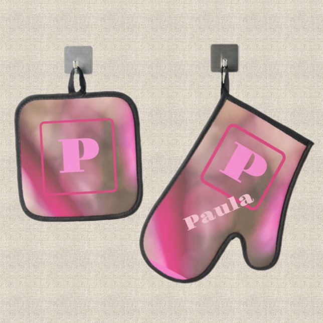 Pink and Taupe Camo Abstract Chic Monogrammed Oven Mitt & Pot Holder Set (Creator Uploaded)
