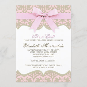 Pink and Taupe Damask Baby Shower Invitation