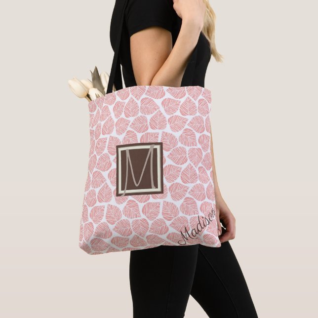 Pink and Taupe Leaf Natural Trendy Monogram Tote Bag (Close Up)