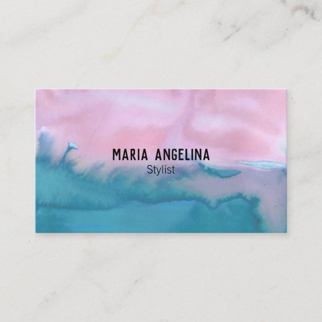 Pink and teal abstract watercolor business card (Front)